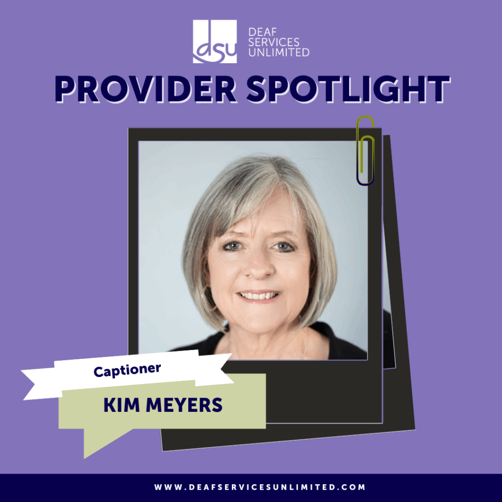 A white woman with short gray hair is featured with text surrounding "provider spotlight" and "Kim Meyers"